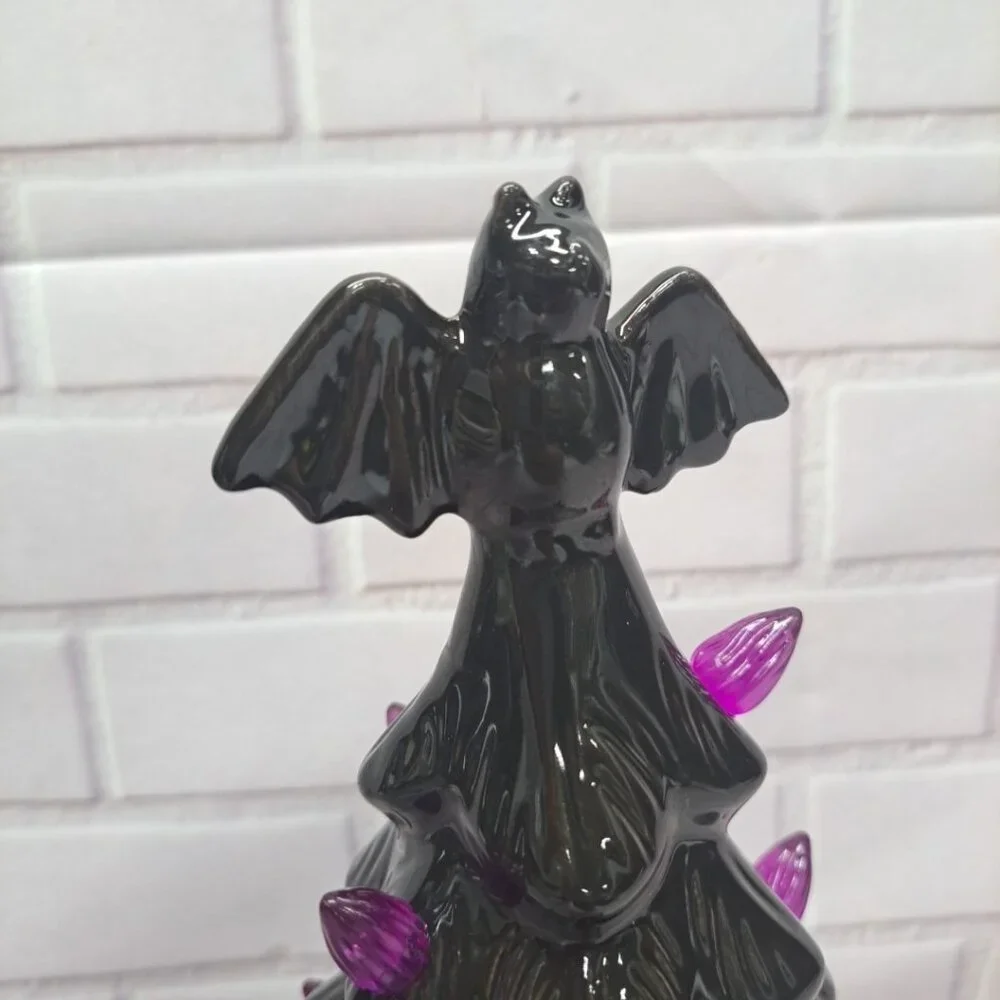 Halloween Lighted Black Tree Purple Lights Bat Tree Topper Ceramic  9” Tall, NEW